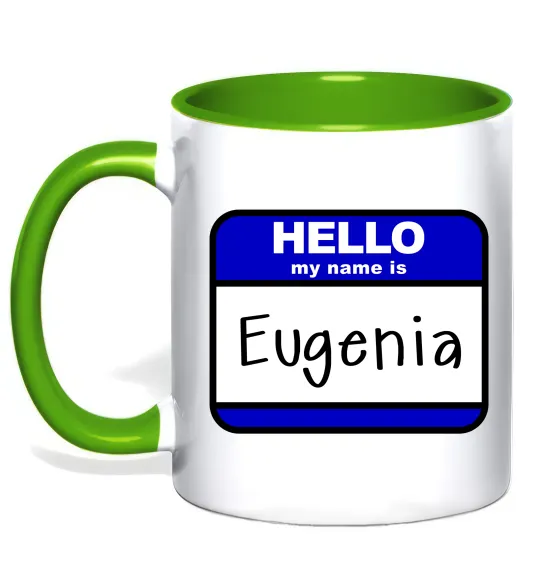 Чашка с цветной ручкой Hello my name is Eugenia Лаймовый фото