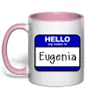 Чашка з кольоровою ручкою Hello my name is Eugenia Ніжно рожевий фото