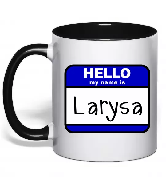 Чашка з кольоровою ручкою Hello my name is Larisa Чорний фото