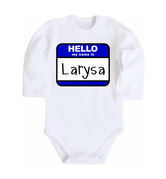 Дитячий бодік Hello my name is Larisa Білий фото
