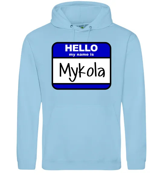 Чоловіча толстовка (худі) Hello my name is Mykola Блакитний фото
