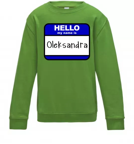 Детский Свитшот Hello my name is Oleksandra Лаймовый фото