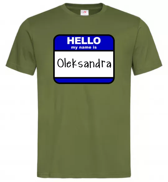 Мужская футболка Hello my name is Oleksandra Оливковый фото