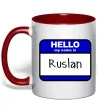 Чашка з кольоровою ручкою Hello my name is Ruslan Червоний фото