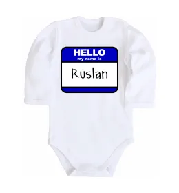 Дитячий бодік Hello my name is Ruslan Білий фото