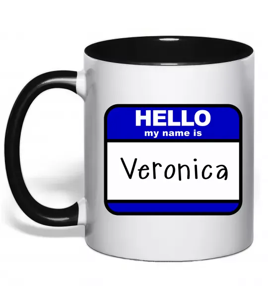 Чашка з кольоровою ручкою Hello my name is Veronica Чорний фото