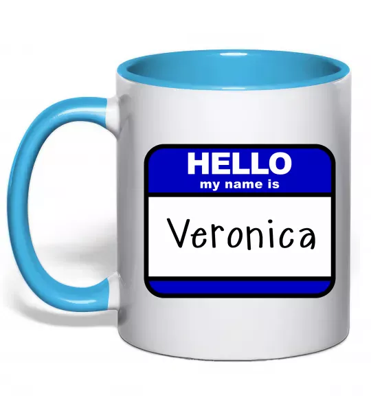 Чашка з кольоровою ручкою Hello my name is Veronica Блакитний фото