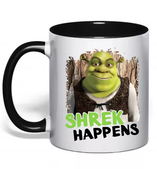 Чашка з кольоровою ручкою Shrek happens Чорний фото