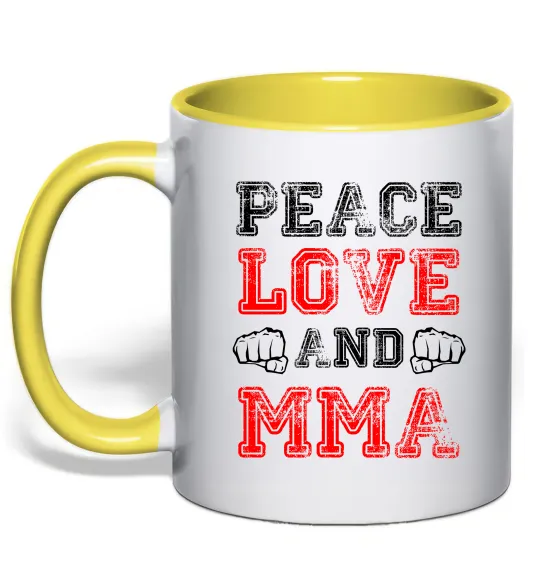 Чашка з кольоровою ручкою Peace love and MMA Лимонний фото