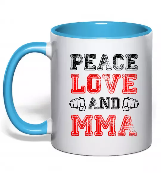 Чашка с цветной ручкой Peace love and MMA Голубой фото