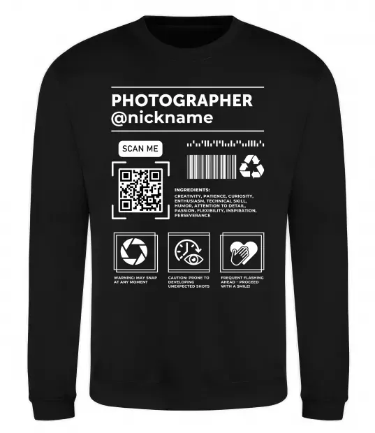 Світшот Photographer ВАШ НІКНЕЙМ Чорний фото