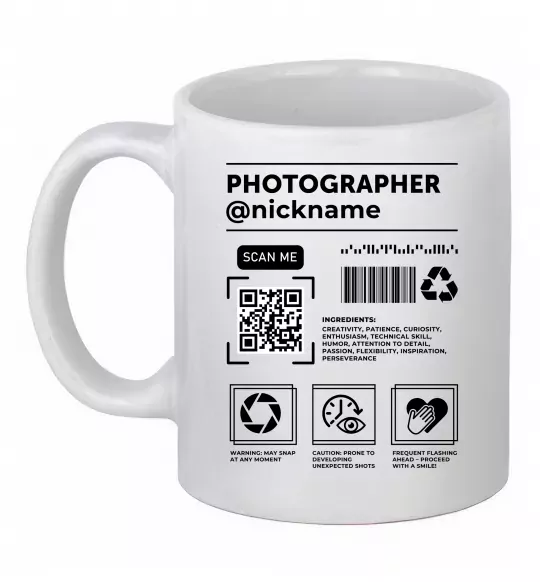 Чашка керамическая Photographer ВАШ НІКНЕЙМ Белый фото