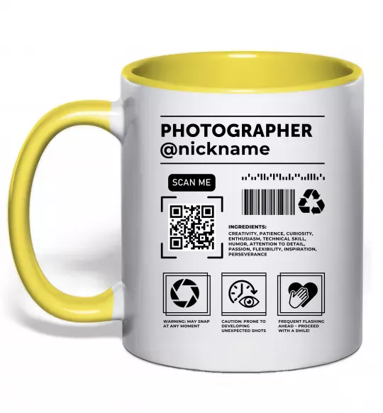 Чашка с цветной ручкой Photographer ВАШ НІКНЕЙМ Солнечно желтый фото