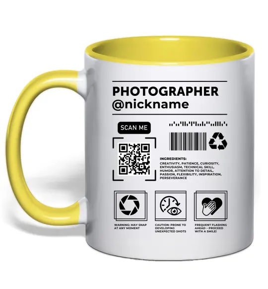 Чашка с цветной ручкой Photographer ВАШ НІКНЕЙМ Лимонный фото