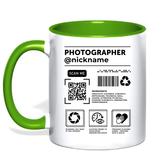 Чашка с цветной ручкой Photographer ВАШ НІКНЕЙМ Лаймовый фото