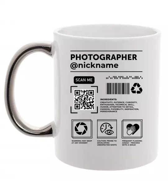 Чашка с цветной ручкой Photographer ВАШ НІКНЕЙМ Серебро фото