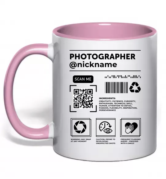 Чашка с цветной ручкой Photographer ВАШ НІКНЕЙМ Нежно розовый фото