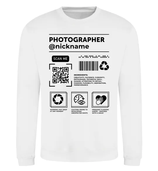 Світшот Photographer ВАШ НІКНЕЙМ Білий фото