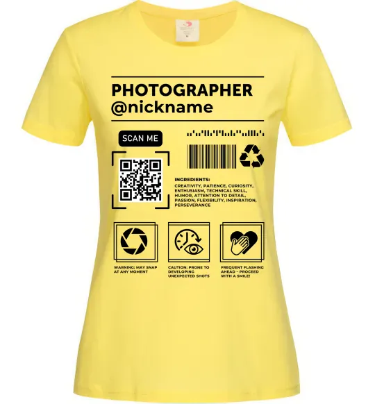 Женская футболка Photographer ВАШ НІКНЕЙМ Лимонный фото