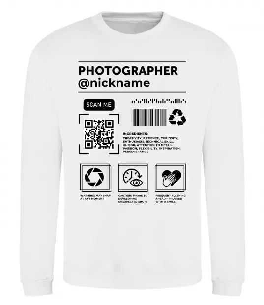 Світшот Photographer ВАШ НІКНЕЙМ Білий фото