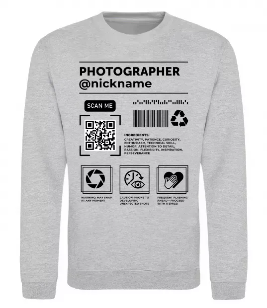 Світшот Photographer ВАШ НІКНЕЙМ Сірий меланж фото