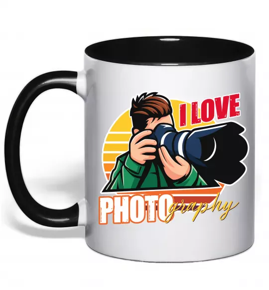 Чашка з кольоровою ручкою I love photography photo Чорний фото