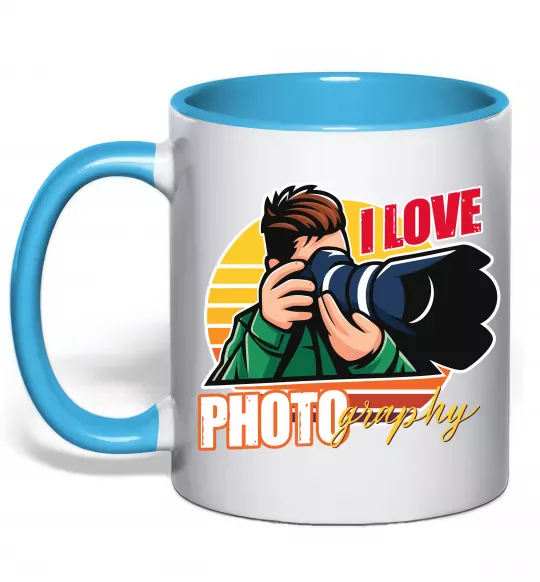 Чашка з кольоровою ручкою I love photography photo Блакитний фото