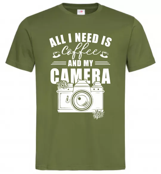 Мужская футболка All i need is coffee and camera Оливковый фото