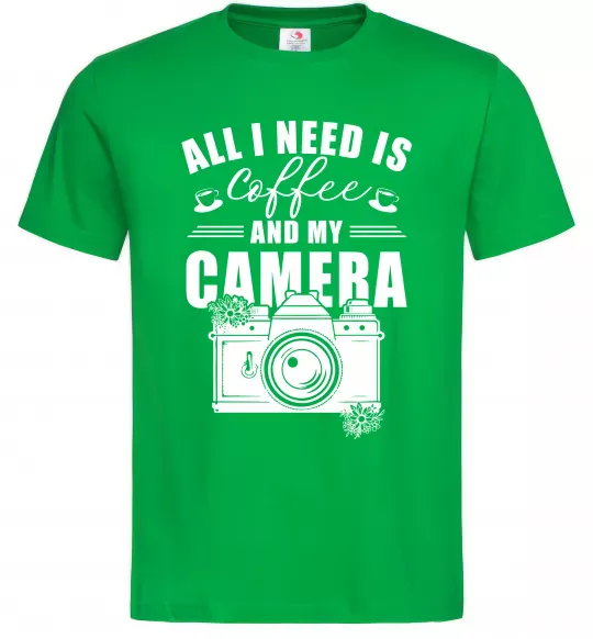 Мужская футболка All i need is coffee and camera Зеленый фото