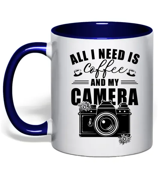 Чашка з кольоровою ручкою All i need is coffee and camera Глибокий темно-синій фото