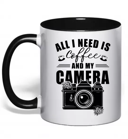 Чашка з кольоровою ручкою All i need is coffee and camera Чорний фото