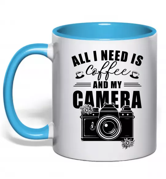 Чашка з кольоровою ручкою All i need is coffee and camera Блакитний фото
