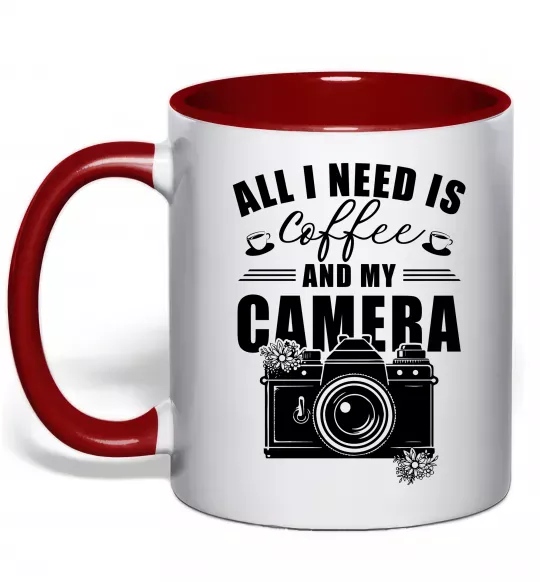 Чашка з кольоровою ручкою All i need is coffee and camera Червоний фото
