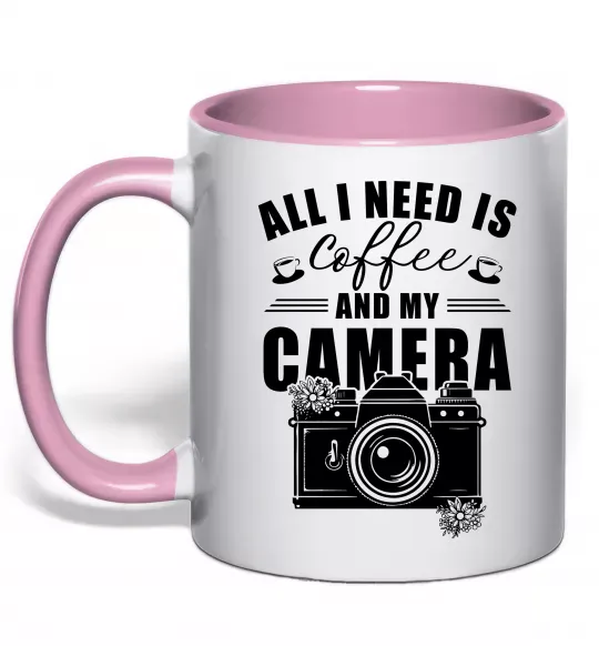 Чашка з кольоровою ручкою All i need is coffee and camera Ніжно рожевий фото