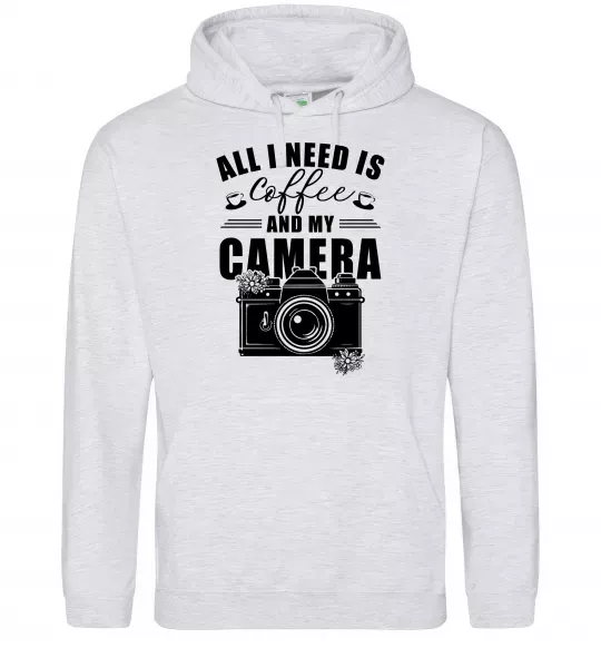 Чоловіча толстовка (худі) All i need is coffee and camera Сірий меланж фото
