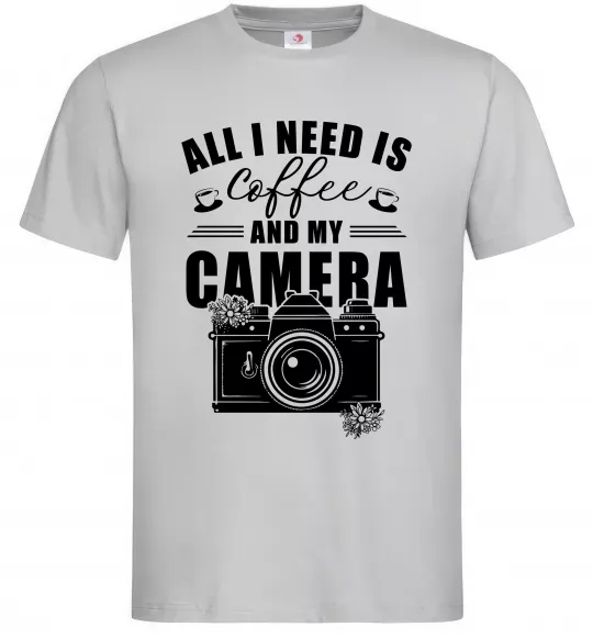 Мужская футболка All i need is coffee and camera Серый фото