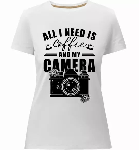 Жіноча преміум футболка All i need is coffee and camera Білий фото