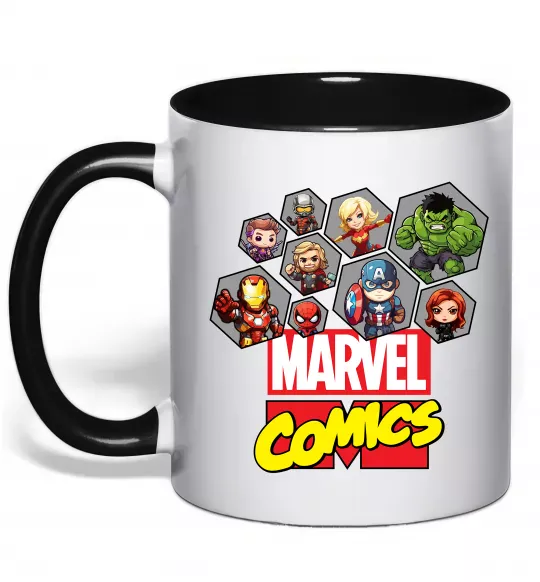 Чашка з кольоровою ручкою Marvel comics колаж Чорний фото