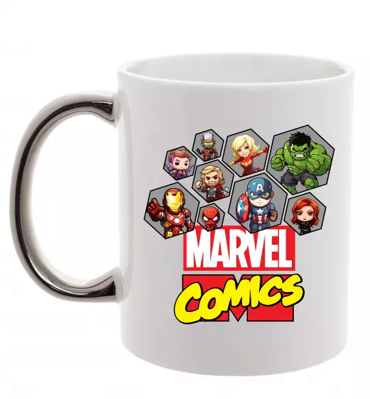 Чашка з кольоровою ручкою Marvel comics колаж Срібло фото