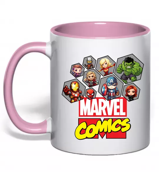 Чашка з кольоровою ручкою Marvel comics колаж Ніжно рожевий фото