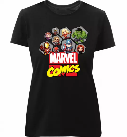 Женская премиум футболка Marvel comics колаж Черный фото