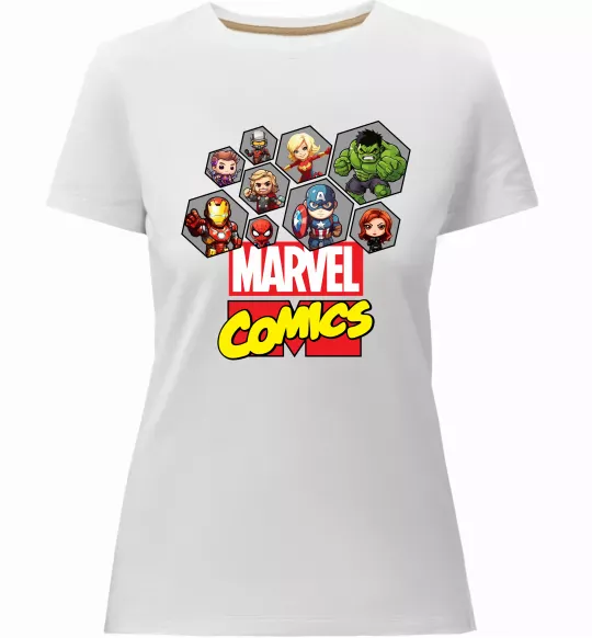 Женская премиум футболка Marvel comics колаж Белый фото