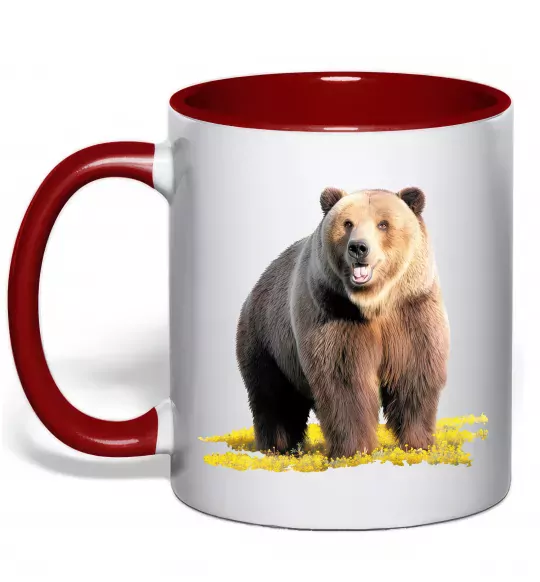 Чашка с цветной ручкой Ведмідь на поляні Красный фото