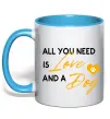 Чашка з кольоровою ручкою All you need is love and dog Блакитний фото