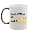 Чашка з кольоровою ручкою All you need is love and dog Срібло фото