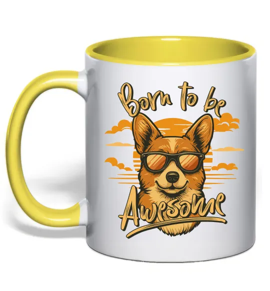 Чашка з кольоровою ручкою Corgi born to be awesome Лимонний фото