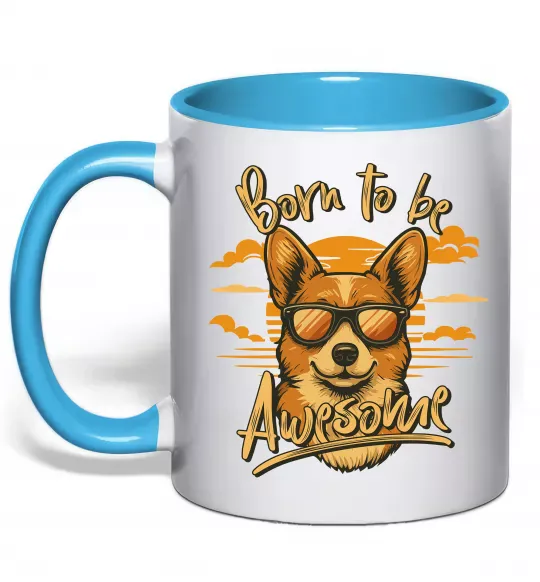 Чашка з кольоровою ручкою Corgi born to be awesome Блакитний фото