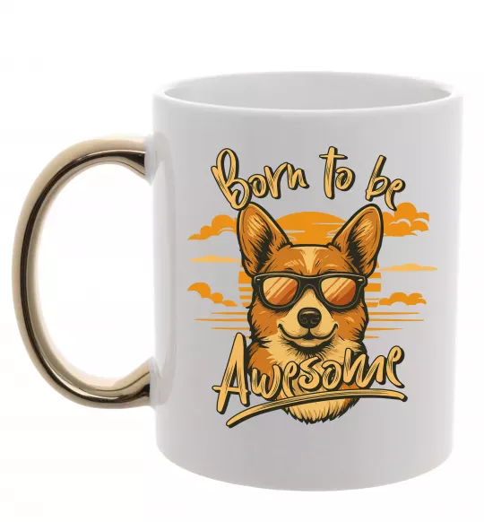 Чашка з кольоровою ручкою Corgi born to be awesome Золото фото