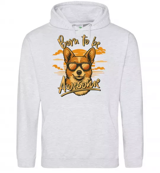 Мужская толстовка (худи) Corgi born to be awesome Серый меланж фото