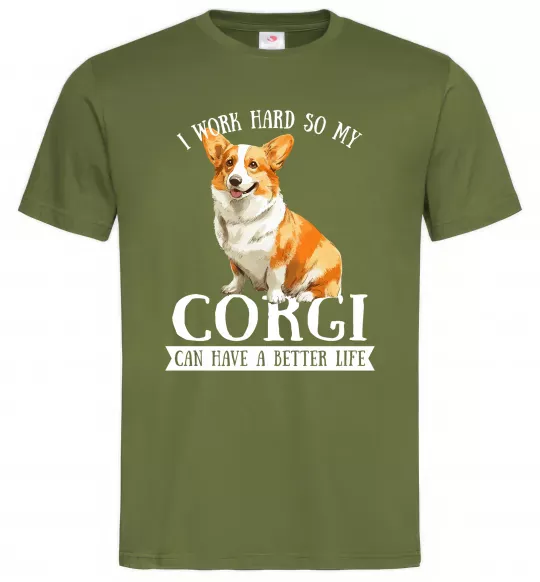 Чоловіча футболка Work hard for corgi Оливковий фото